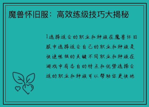 魔兽怀旧服：高效练级技巧大揭秘